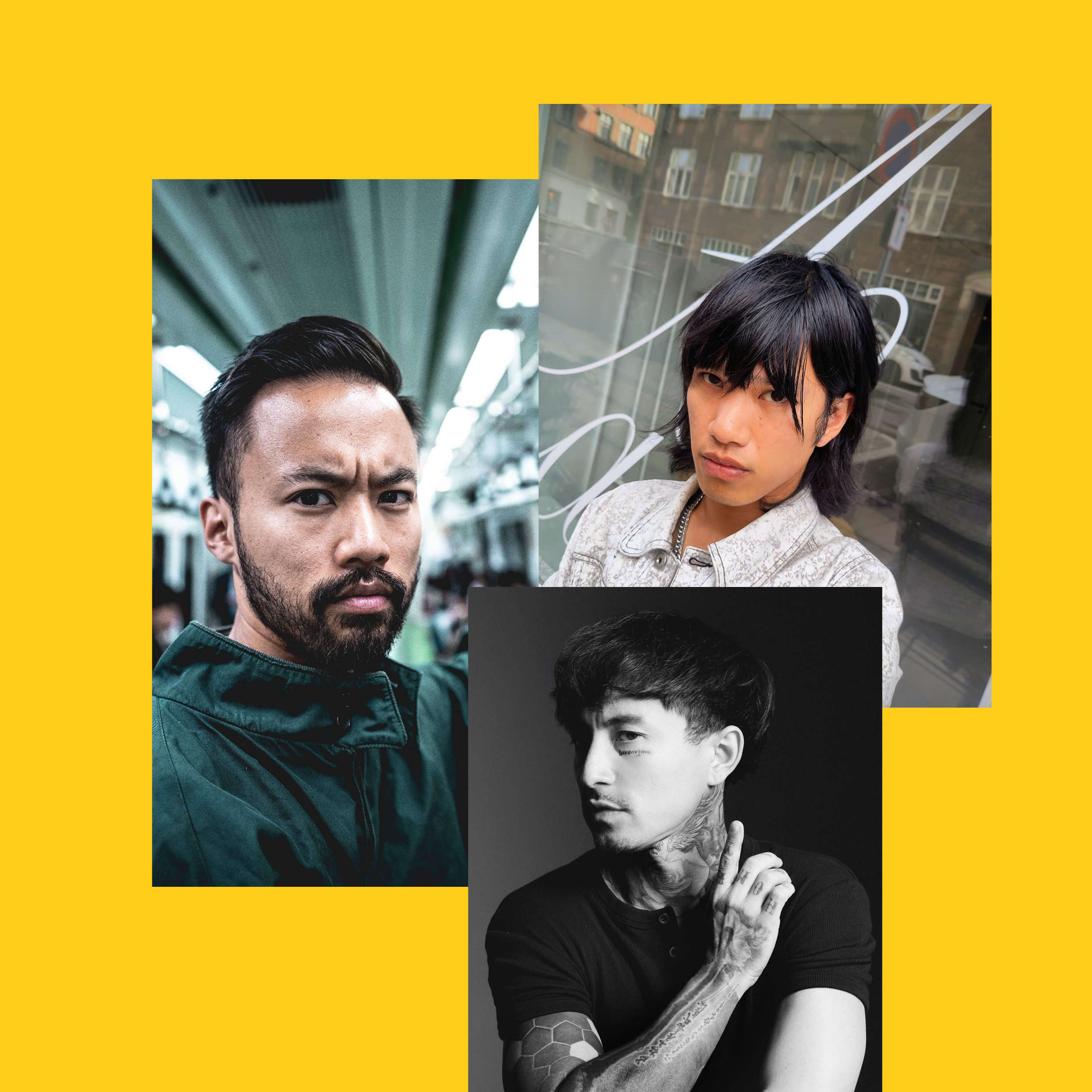 Three overlapping performer portraits arranged on a bright yellow background.